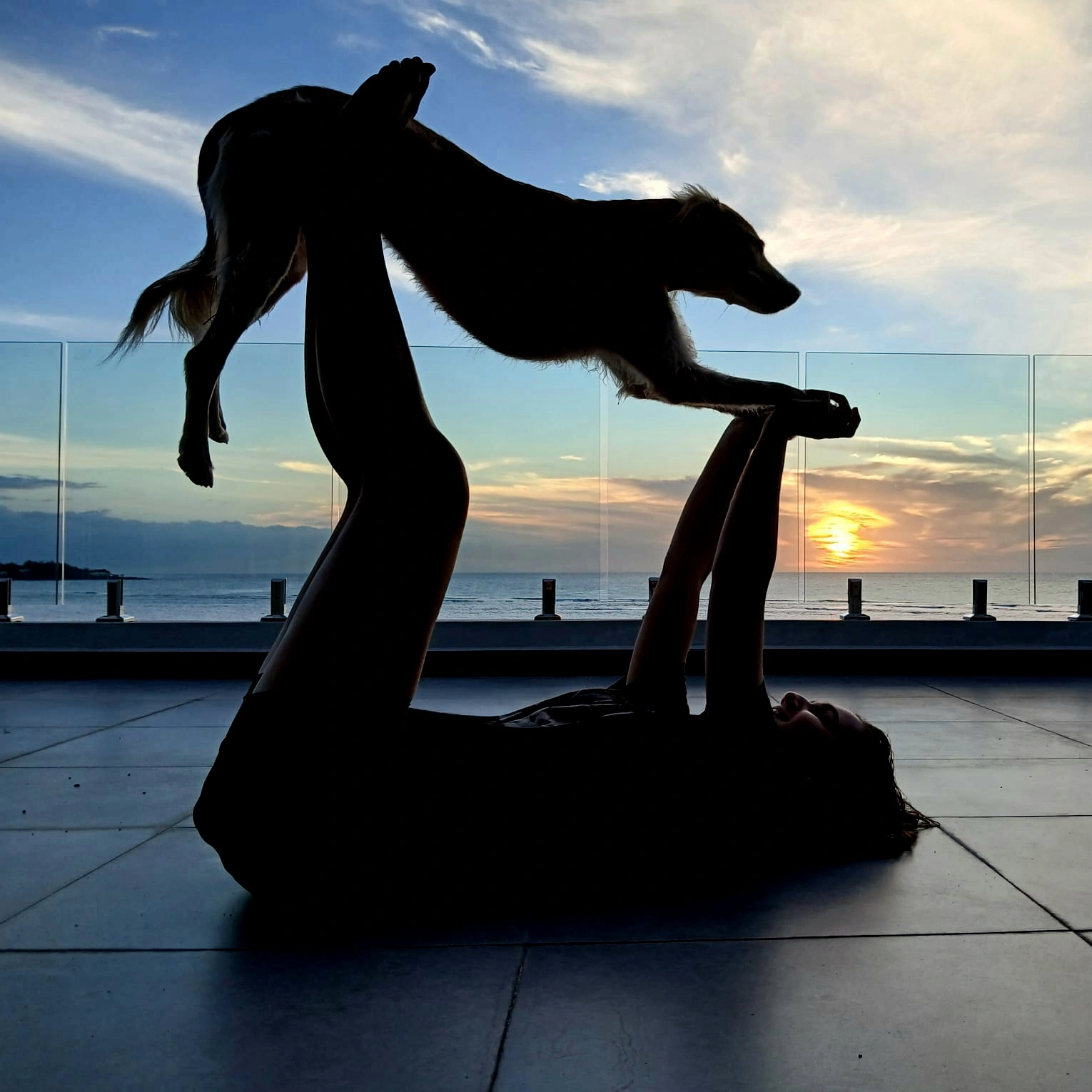 Naraa Kuzaj in an acro-yoga silhouette balancing her dog Vaya, against a Mauritius sunset